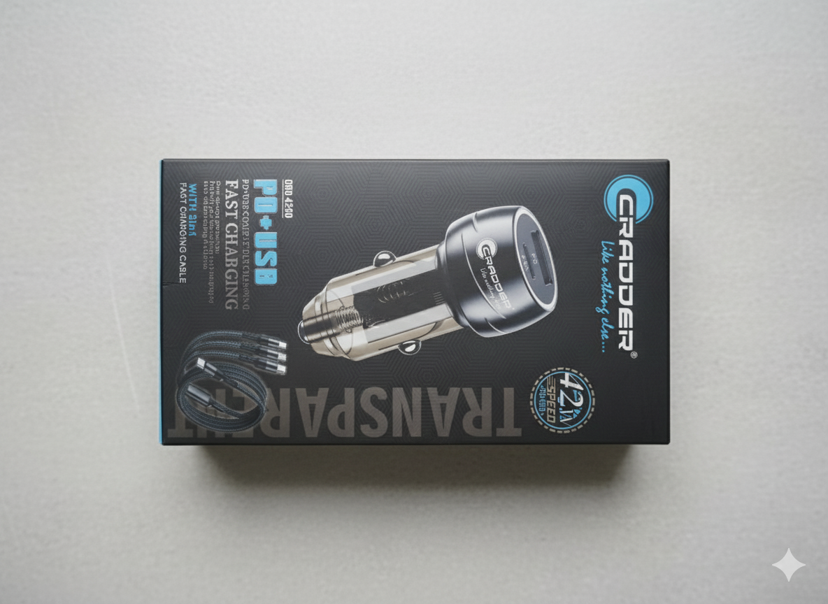 CRADDER CRD 4200 PD+USB Fast Car Charger with 3-in-1 Charging Cable (1.2m, 4.8A Max Output)