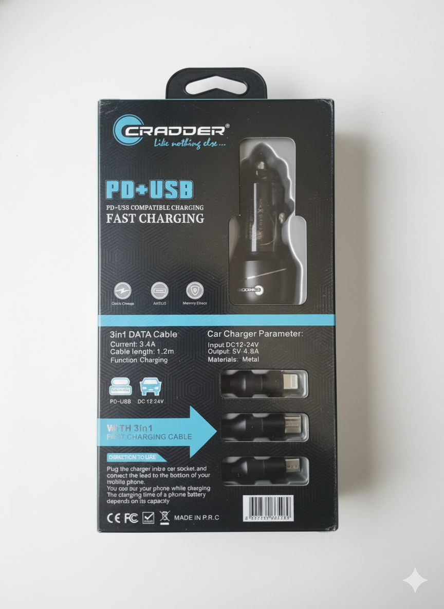 CRADDER CRD 4200 PD+USB Fast Car Charger with 3-in-1 Charging Cable (1.2m, 4.8A Max Output)