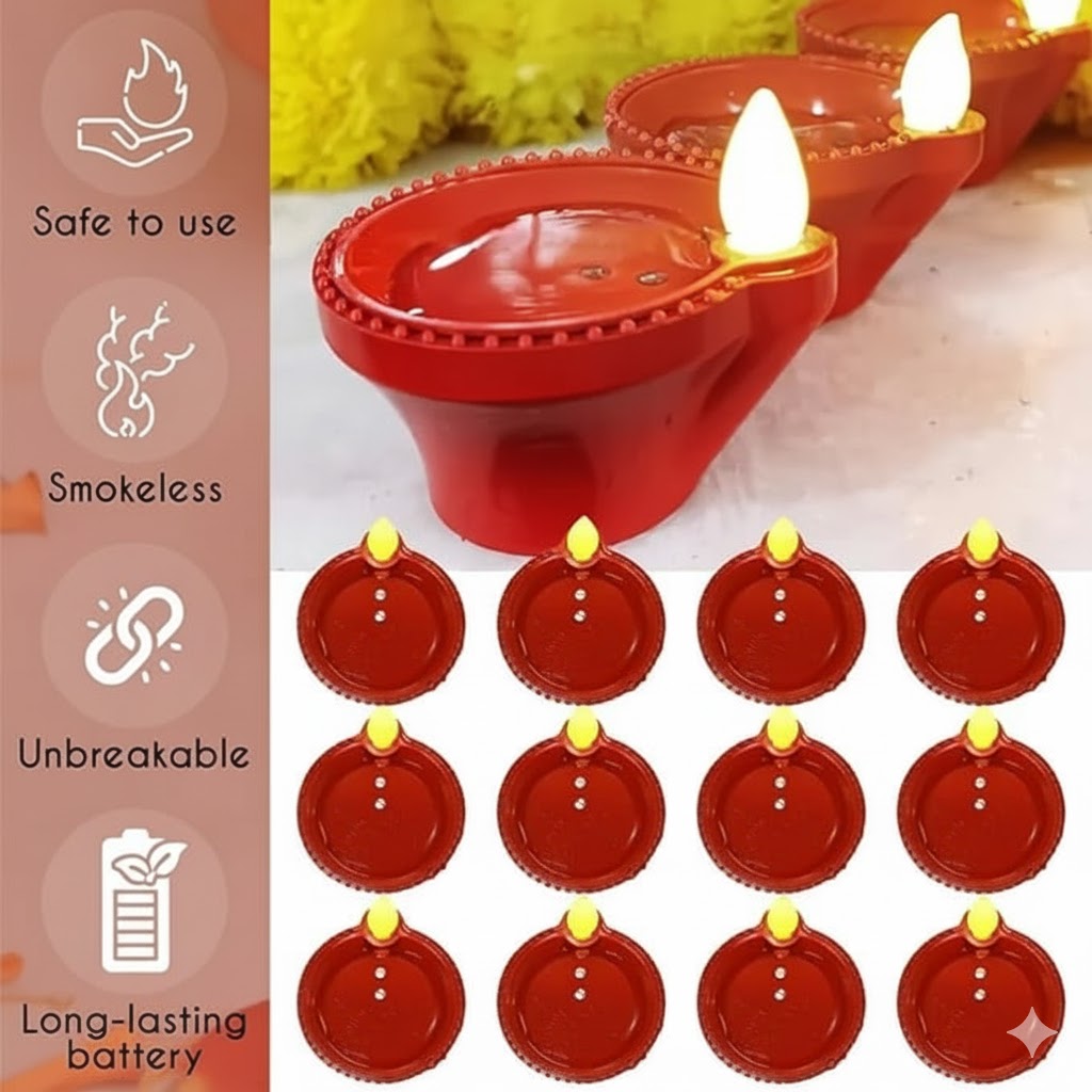Water LED Sensor Diya Set - Flameless, Water-Activated Lights (12 Pcs)